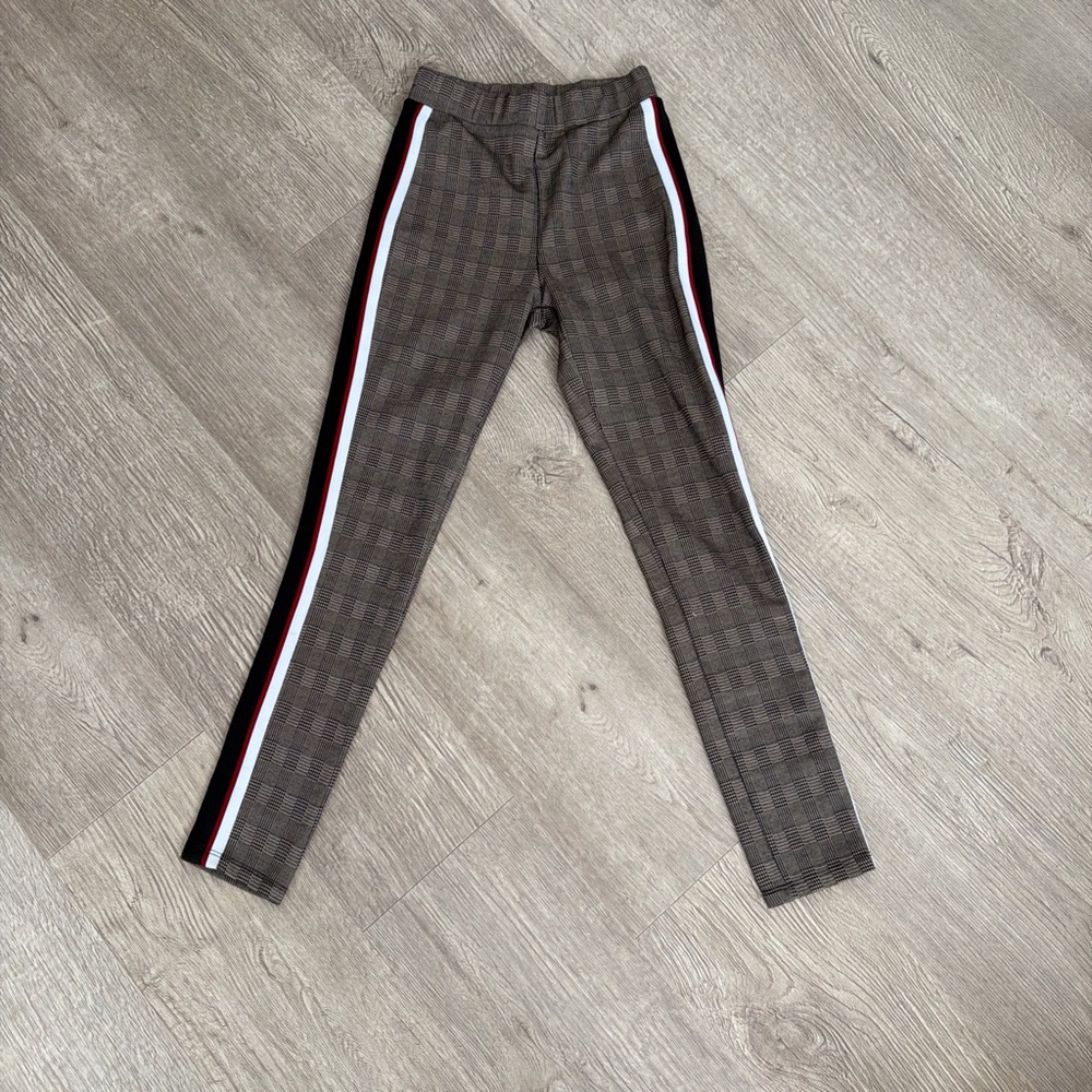 Zara Brown Plaid Leggings with White and Red Side Stripes